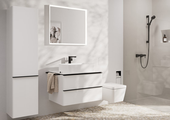 Xevolos E Columna alta beige arena mate 400/360, bisagra a la derecha | Espejos de baño | Hansgrohe