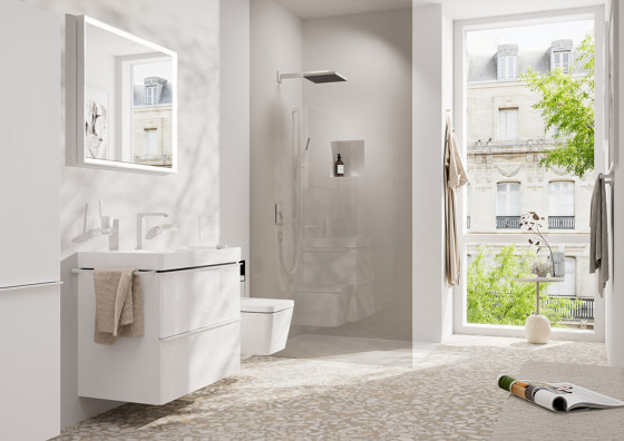 Xevolos E Columna alta beige arena mate 400/360, bisagra a la derecha | Espejos de baño | Hansgrohe