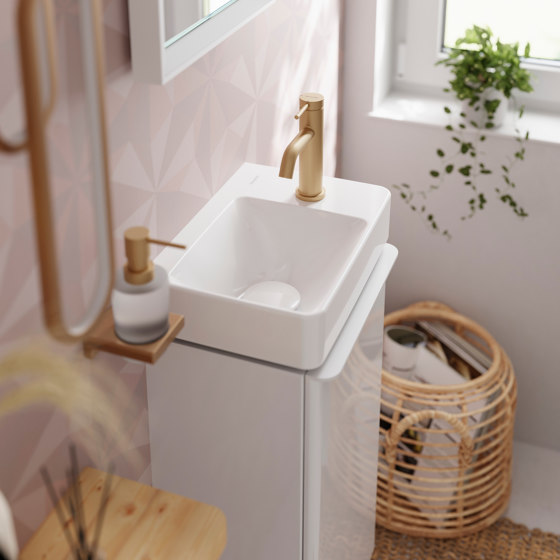 Xelu Q Mueble de baño blanco de alto brillo 780/475 con 2 cajones para lavabo | Armarios lavabo | Hansgrohe