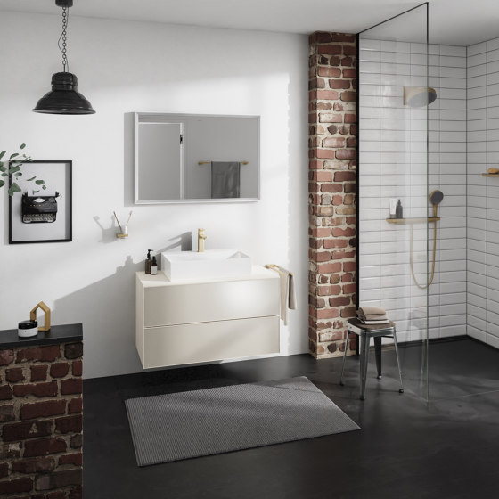 Xevolos E Mueble de baño beige arena mate 780/550 con 2 cajones para consolas con lavabo sobre encimera | Armarios lavabo | Hansgrohe