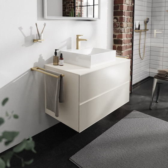 Xevolos E Waschtischunterschrank Sandbeige Matt 1370/550 mit 4 Schubkästen für Konsolen für 2 Aufsatzwaschtischen geschliffen | Waschtischunterschränke | Hansgrohe