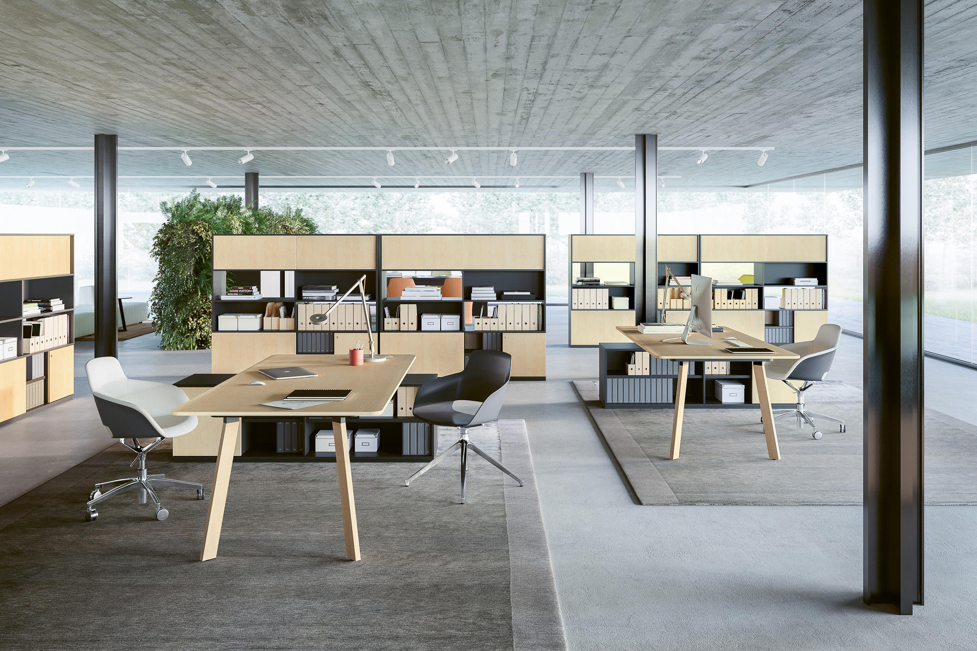 Офис 2021 года. Интерьер модульного офиса. Офисные деревья. Office 2021 для современного офиса". Столы для переговоров Sinetica.