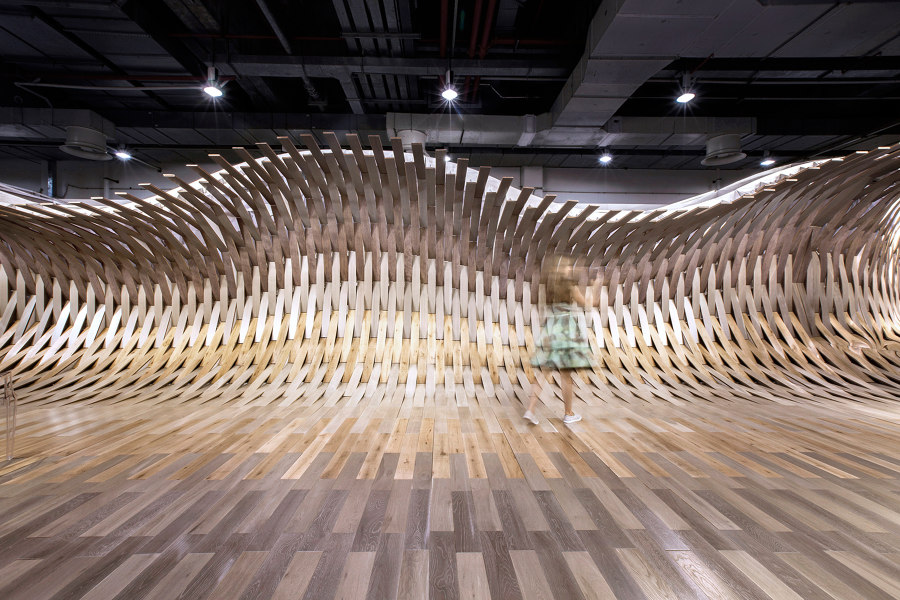 Wood floors whip up a surge, creating spectacular sensory illusions by TOWOdesign | Temporary structures