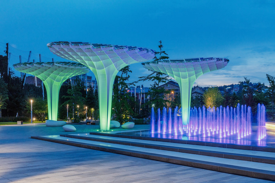 A green park filled with concrete furniture – Millenáris Széllkapu, Budapest by VPI Concrete | Manufacturer references