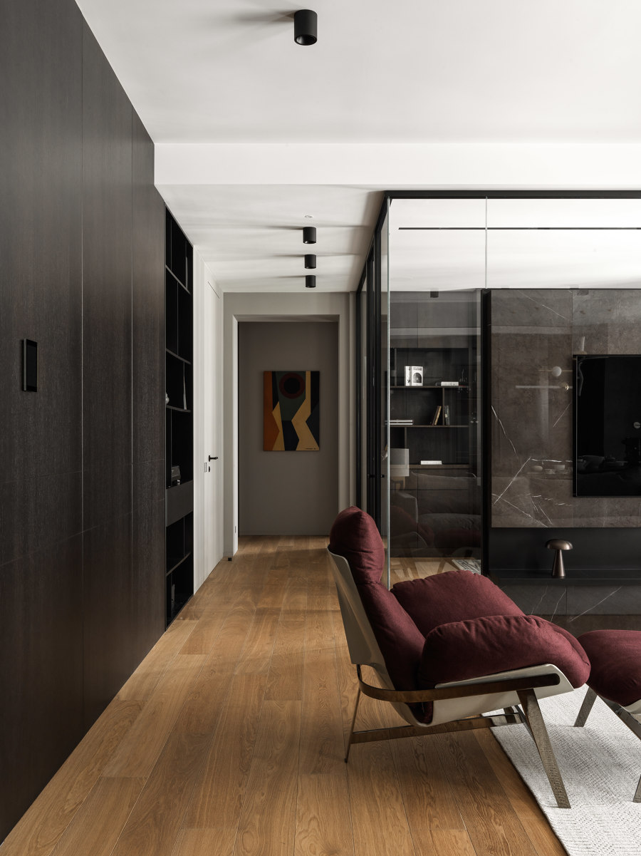 Minimalist apartment with glass cube inside by AIYA bureau | Living space