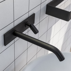 Square washbasin tap in stainless steel, wall-mounted