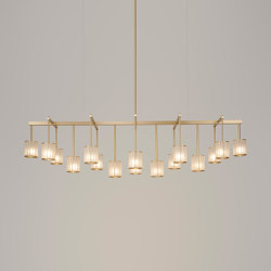 Flute Beam Chandelier 16-arm brushed brass frosted glass