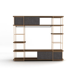 Modular dressing room by Julia Collection with black coat rack and fixed upholested pannels | Shelving | Momocca