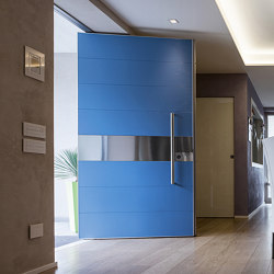 Synua | The safety door for large dimensions, with vertical pivot operation and installation coplanar with the wall. |  | Oikos – Architetture d’ingresso