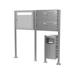 Basic | 4er 2x2 Edelstahl Standbriefkasten Design BASIC Plus 381X ST-R mit Abfallbehälter & Schaukasten Rechts 100mm Tiefe | Waste baskets | Briefkasten Manufaktur