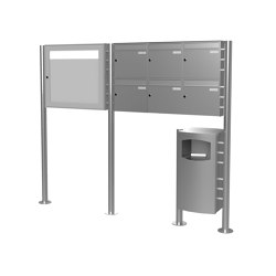 Basic | 6er 2x3 Edelstahl Standbriefkasten Design BASIC Plus 381X ST-R mit Abfallbehälter & Schaukasten Rechts 100mm Tiefe | Waste baskets | Briefkasten Manufaktur