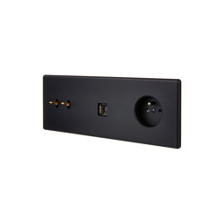 Negro Soft Touch - Placa triple horizontale - 2 dorados palancas - 1 HDMI - 1 Enchufe | Multimedia ports | Modelec