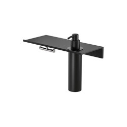Leev | Bathroom shelf 28 cm and soap dispenser 200 ml Black with towel hook Chrome | Bathroom accessories | Geesa