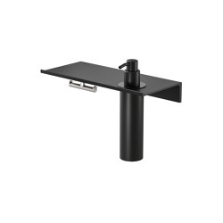 Leev | Bathroom shelf 28 cm and soap dispenser 200 ml Black with towel hook Brushed stainless steel | Bathroom accessories | Geesa