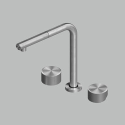 AISI316L stainless steel deck mounted mixer set with swivelling, collapsible
and extractable spout, with remote control for water treatment. Collapses
down to 6cm. | Kitchen taps | Quadrodesign