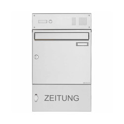 Stainless steel surface mount letterbox design BASIC 382A UP with bell box & newspaper compartment closed 100mm depth | Mailboxes | Briefkasten Manufaktur