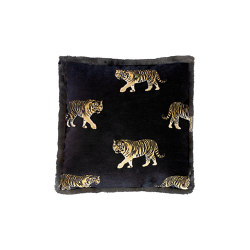 Velvet cushion | Black velvet cushion with embroidered tigers | Home textiles | MX HOME