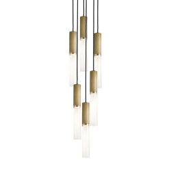 Flume | 50 Pendant - 6 Drop Grouping - Antique Brass & Frosted Reeded Glass | Suspended lights | J. Adams & Co.