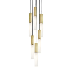 Flume | 50 Pendant - 6 Drop Grouping - Satin Brass & Frosted Reeded Glass | Suspensions | J. Adams & Co