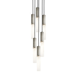 Flume | 50 Pendant - 6 Drop Grouping - Satin Nickel & Frosted Reeded Glass | Lampade sospensione | J. Adams & Co