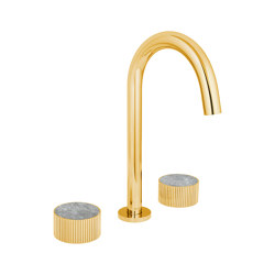 Chiasso | Deck Mounted 3 Hole Basin Mixer With Roma Diamond Grigio Marble Handle Insert Pvd Gold | Robinetterie pour lavabo | BAGNODESIGN