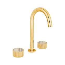 Chiasso | Deck Mounted 3 Hole Basin Mixer With Sand Levigato Marble Handle Insert Pvd Gold | Grifería para lavabos | BAGNODESIGN