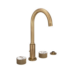 Chiasso | Deck Mounted 4 Hole Bath Mixer With Breccia Capraia Matt Marble Handle Insert Soft Bronze | Bath taps | BAGNODESIGN