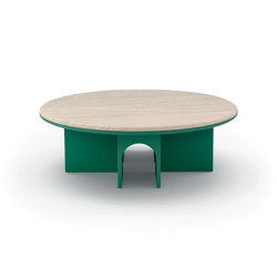 Arcolor Small Table 100 - Version with Forest RAL 6016 lacquered Base and Travertino romano Top | Mesas de centro | ARFLEX