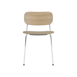 Co Dining Chair | Chrome Base | Upholstered Seat, Oak Back | Audo Bouclé - Beige, 02 | Natural Oak | open base | Audo Copenhagen