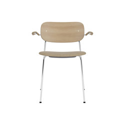 Co Dining Chair w. Armrest | Chrome Base | Upholstered Seat, Oak Back | Audo Bouclé - Beige 02 | Natural Oak | open base | Audo Copenhagen