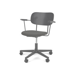 Co Task Chair W. Armrest | Star Base w. Casters, Black Aluminium | Upholstered Seat, Veneer Back | Re-wool - Black, 0198 | Black Oak