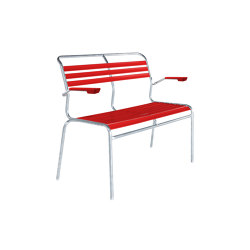 Slatted two-seater bench Säntis with armrest | open base | Schaffner AG