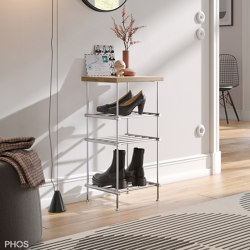 Narrow shoe rack with oak shelf, 35 cm wide, 50 cm high, 3 levels | Shelving | PHOS Design