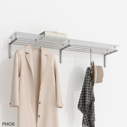 Wall coat rack with 4 clothes rails and glass hat shelf - 120 cm wide | Percheros | PHOS Design