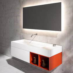 Quattro.Zero | Meuble 1 tiroir et double espace ouvert avec lavabo sur plan en Cristalplant® Bio Active Longueur 120-140 cm | Vanity units | Falper