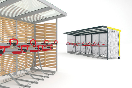 aureo velo | Shelter with two-tier bicycle parking by mmcité | Compact bicycle parking