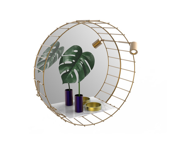 Cage | Round mirror with spot light and marble shelf | Spiegel | Bronzetto