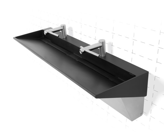 Wedge™ Solid Surface Three-Station Washbasin with Dyson® Airblade™ Wash+Dry Faucet-Hand Dryer in Anise (Black Matte) Color | Waschtischarmaturen | Neo-Metro