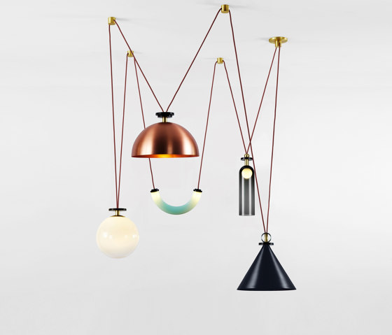 Shape Up 5-Piece Chandelier (Blackened steel cone/Brushed copper hemisphere) | Suspensions | Roll & Hill