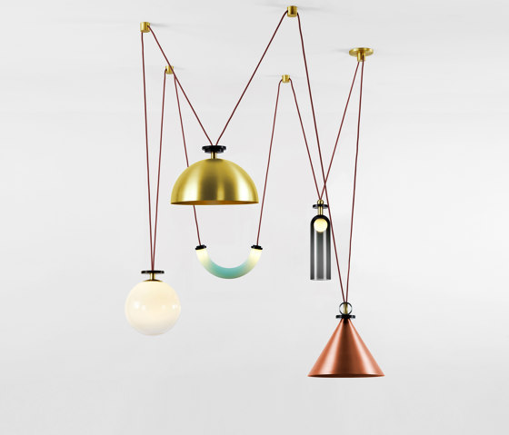 Shape Up 5-Piece Chandelier (Brushed copper cone/Brushed brass hemisphere) | Suspensions | Roll & Hill