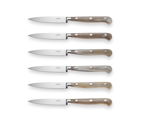 PROFESSIONAL KNIVES | STEAK KNIFE SET WITH RIVETED BLOND BUFFALO HORN HANDLES | Cubertería | Officine Gullo