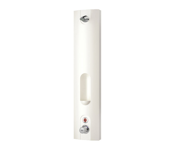 AQUACONTACT Duschpaneel aus MIRANIT-S mit Thermostat, AQUAJET-Slimline und Duschgelablage | Duscharmaturen | KWC Professional