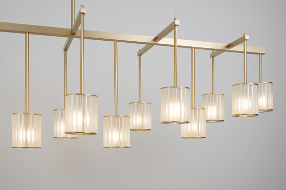 Flute Beam Chandelier 16-arm brushed brass frosted glass | Chandeliers | Tom Kirk Lighting