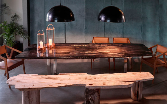 mary's design mood | Petrified Wood Dining Table with bench | Esstische | MARY&