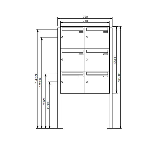 Basic | 6er 3x2 Edelstahl Standbriefkasten Design BASIC 384 ST-Q 100mm Tiefe | Buchette lettere | Briefkasten Manufaktur