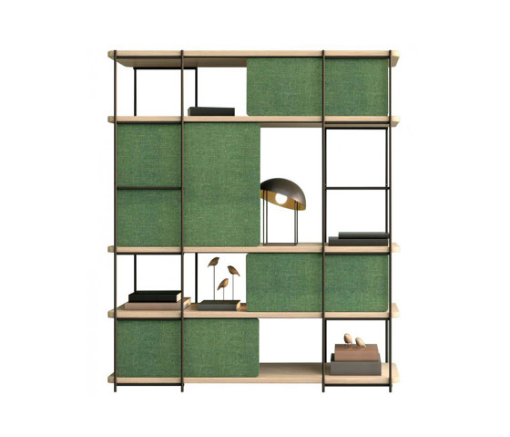 Julia Oak bookcase in light shades and green upholstered panels | Shelving | Momocca