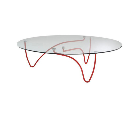 Rythme | Tavolino Ovale Piano Vetro Chiaro Basamento Laccato Rosso | Tavolini bassi | Ligne Roset
