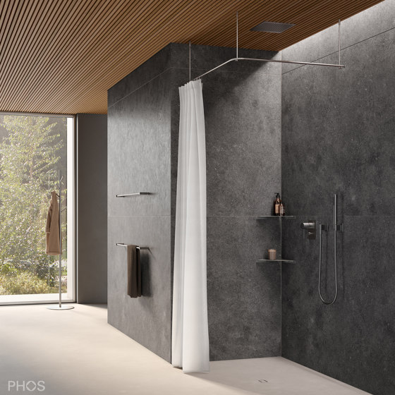 Barres de rideau de douche en forme de L suspendues (montage au plafond) | Tringles à rideaux de douche | PHOS Design