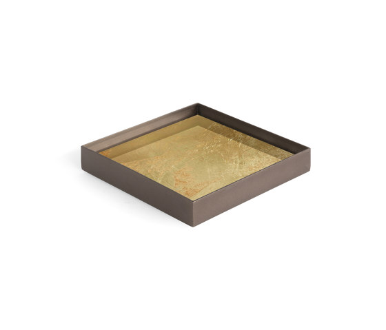 Gilded Layers tray collection | Gold leaf glass valet tray - metal rim - rectangular - S | Vassoi | Ethnicraft