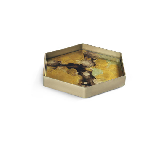 Organic tray collection | Yellow Organic glass valet tray - metal rim - hexagon - S | Vassoi | Ethnicraft